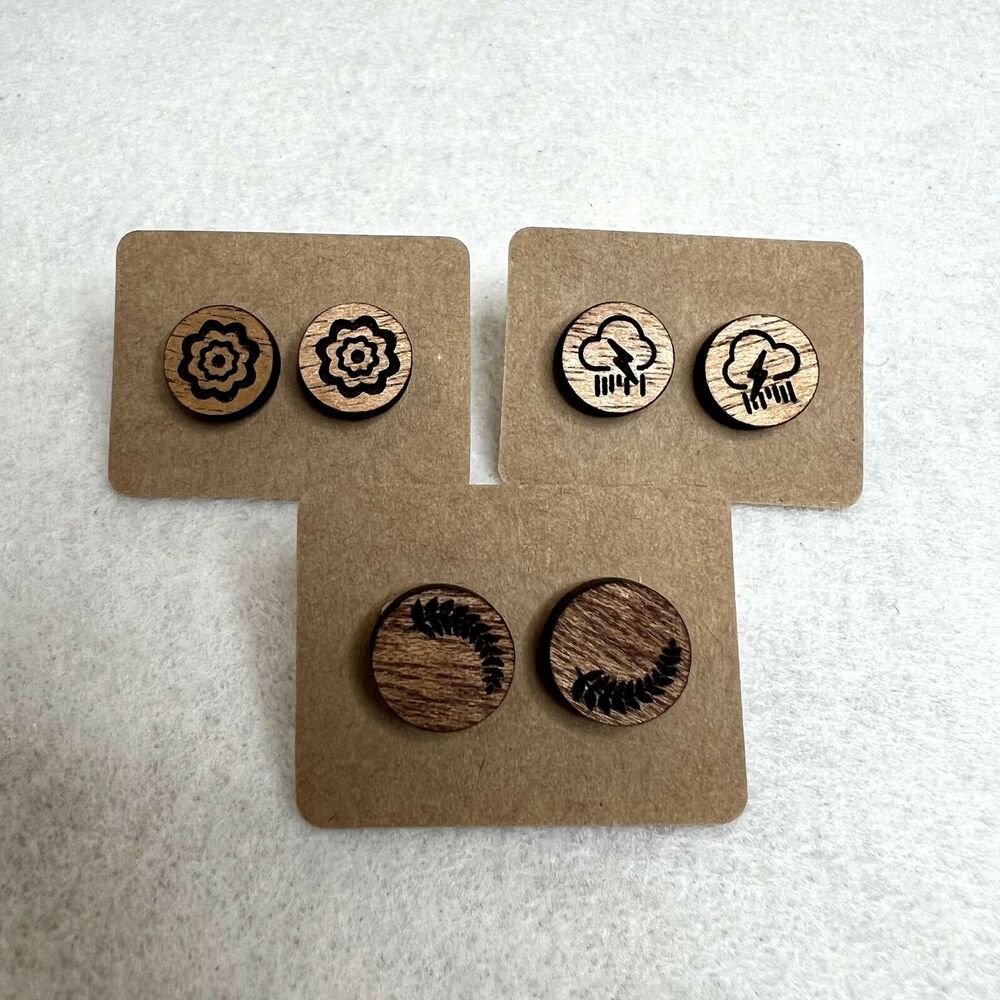 3 Pack Wooden Engraved Stud Earrings - Picture 1 of 4